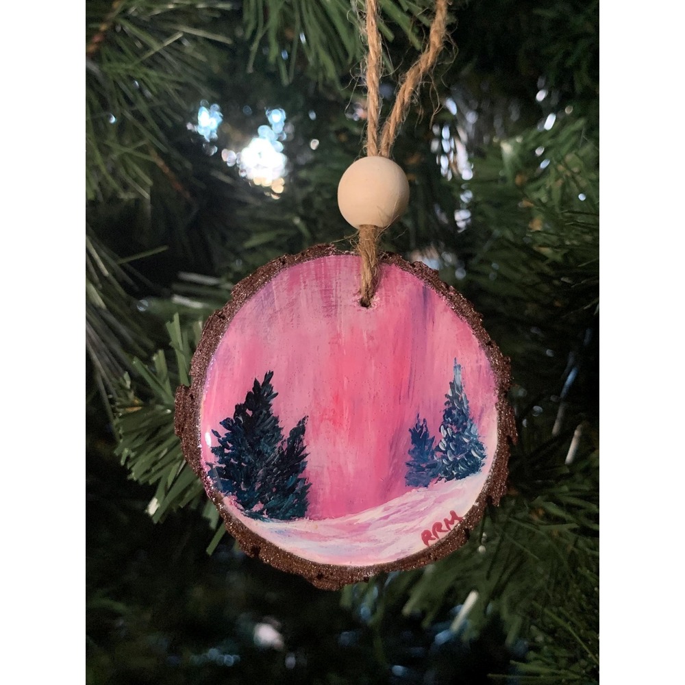 Acrylic Handpainted Ornament Pink Northern Lights Trees Wood Slice 2.5"‎ Holiday